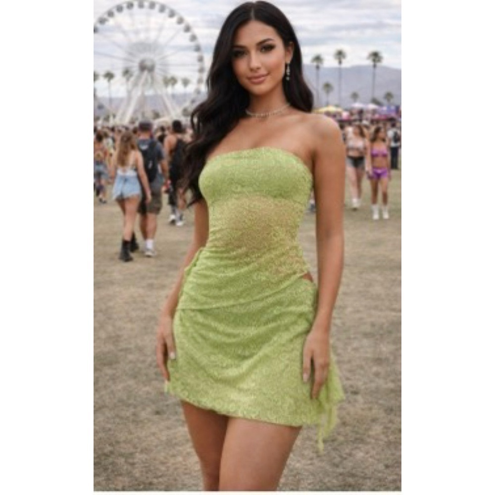 Tiger Mist Malik Lace Lime Green Strapless Semi-Sheer Coquette Mini Dress XS
